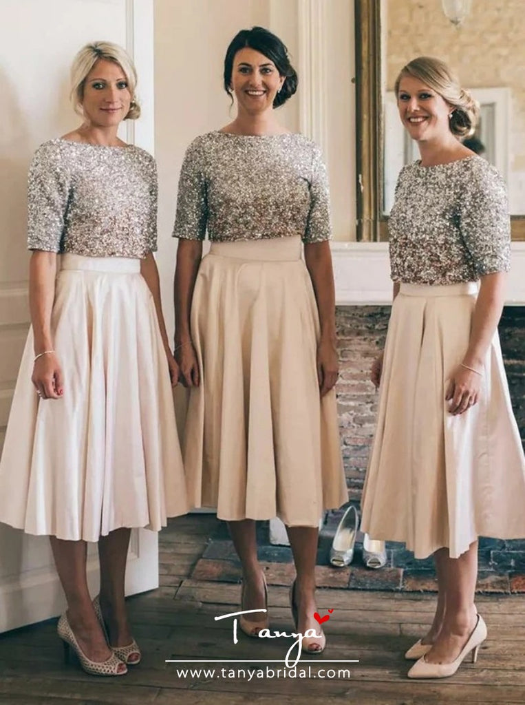 Two Piece Bateau Pearl Pink Satin Bridesmaid Dress with Sequins TANYA BRIDAL Two Piece Bateau Pearl Pink Satin Bridesmaid Dress with Sequins TANYA BRIDAL