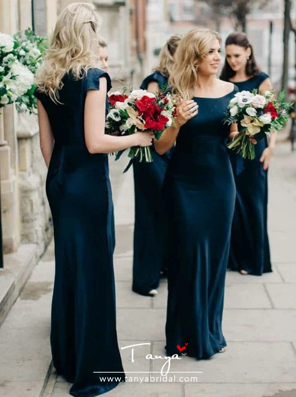 Sheath Scoop Sleeveless Navy Blue Velvet Bridesmaid Dress