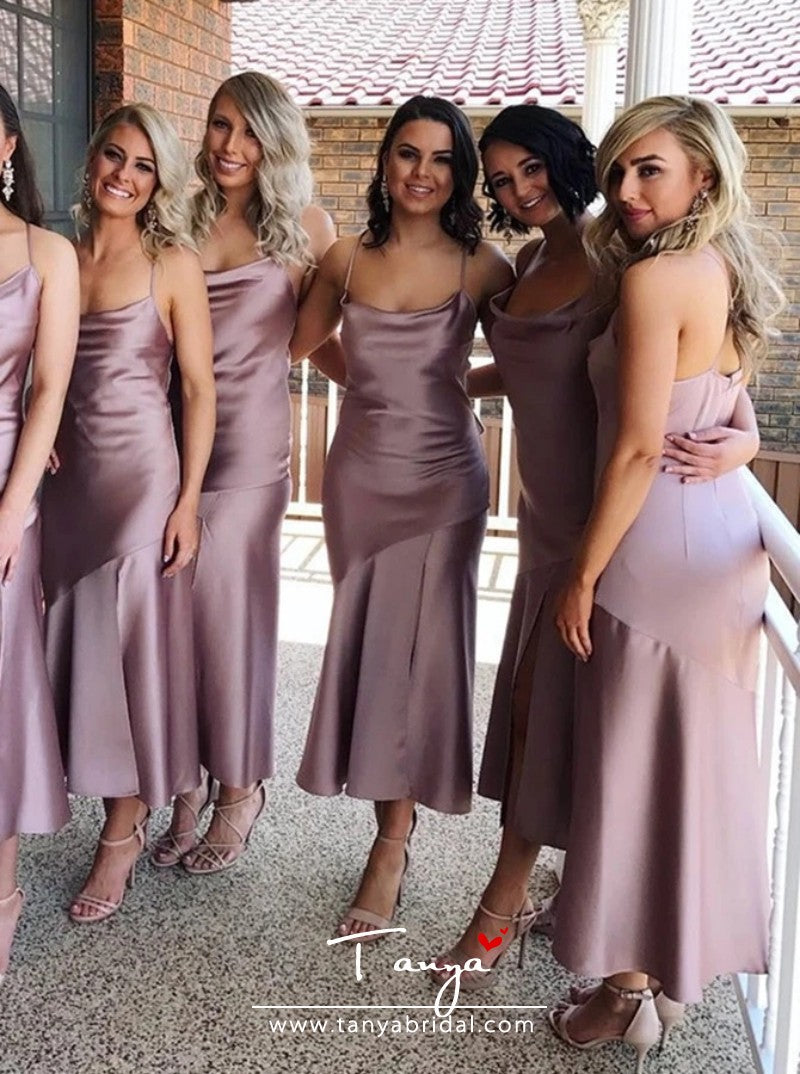 Sheath Spaghetti Straps Lilac Silk Satin Bridesmaid Dress with Split Sheath Spaghetti Straps Lilac Silk Satin Bridesmaid Dress with Split