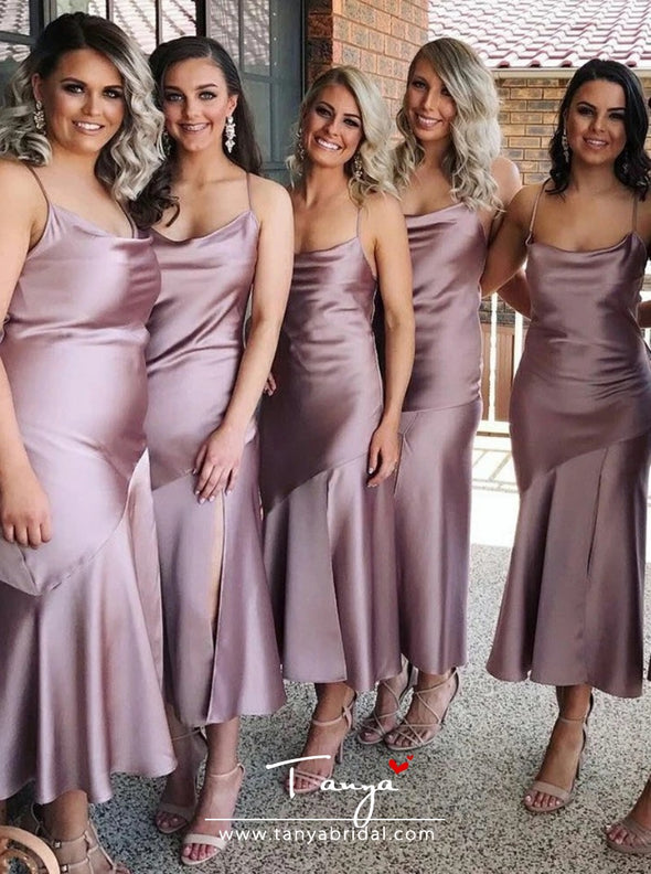 Sheath Spaghetti Straps Lilac Silk Satin Bridesmaid Dress with Split