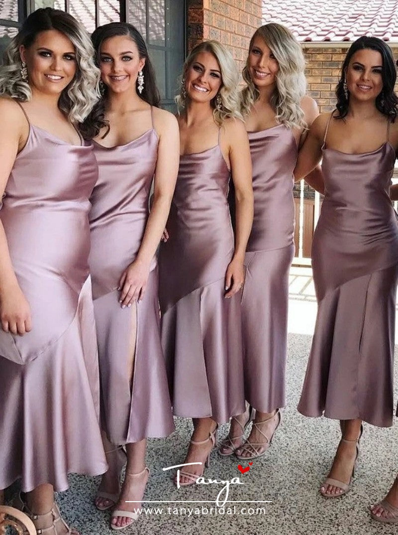 Sheath Spaghetti Straps Lilac Silk Satin Bridesmaid Dress with Split Sheath Spaghetti Straps Lilac Silk Satin Bridesmaid Dress with Split