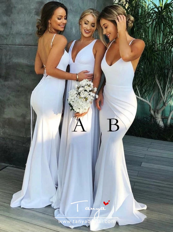 Simple Mermaid V Neck Long White Soft Satin Bridesmaid Dress