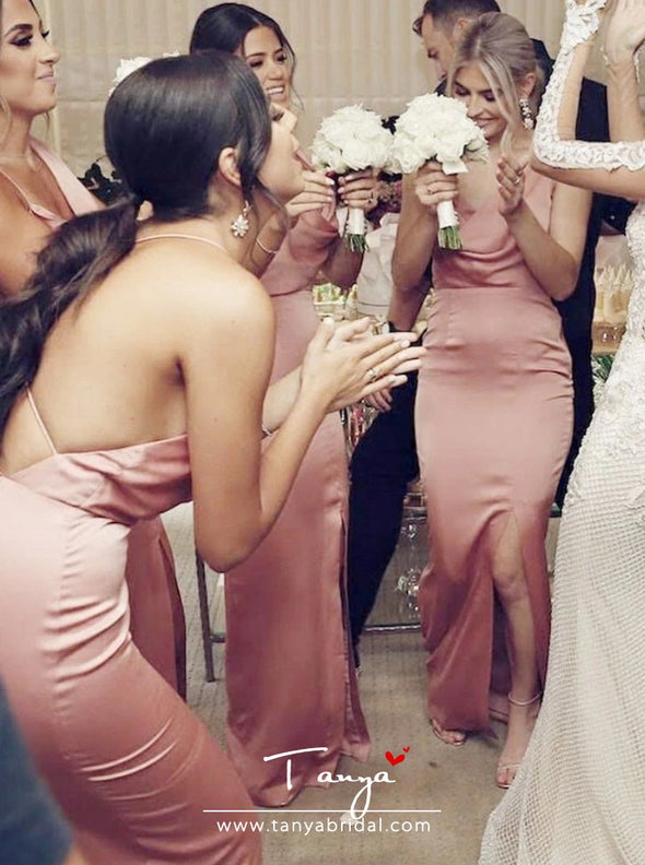 Sheath Sleeveless Pink Long Bridesmaid Dress with Split