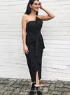 Sheath Strapless Black Satin Bridesmaid Dress with Ruffles Split