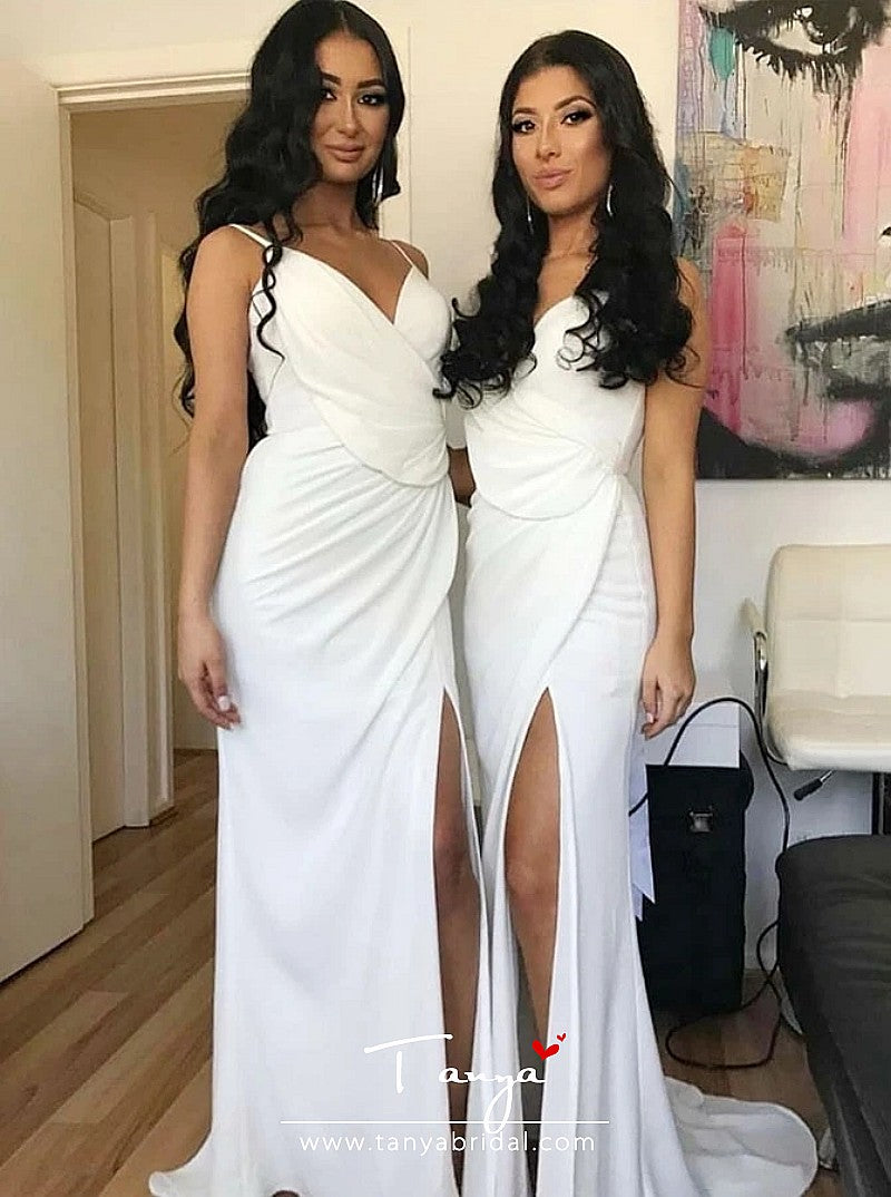 Sheath Spaghetti Straps Sweep Train Bridesmaid Dress with Split – TANYA BRIDAL Sheath Spaghetti Straps Sweep Train Bridesmaid Dress with Split – TANYA BRIDAL