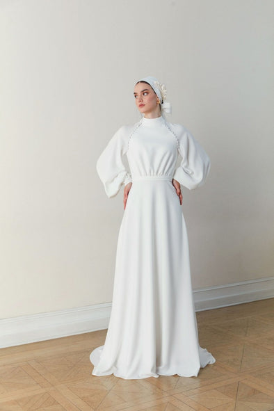 Simple Long Wedding Dress Muslim Floor Length With Buttons