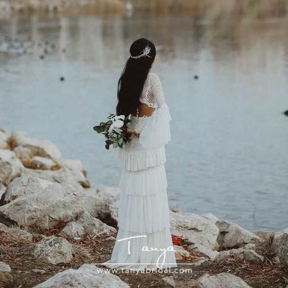 Flare Sleeve Wedding Dresses V-Neck Bohemian bridal Gowns ZW0248