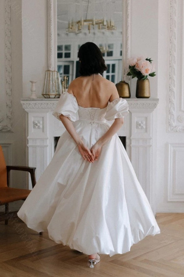 Taffeta A Line Wedding Dresses Ankle Length With Cloud Detachable Sleeves DW648