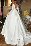 V Neck Long Sleeves Ivory A Line Lace Wedding Dresses With 30cm Train