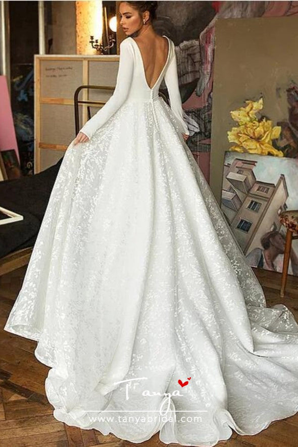 V Neck Long Sleeves Ivory A Line Lace Wedding Dresses With 30cm Train