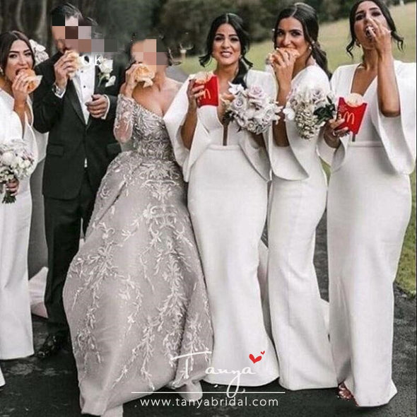 White Sheath Bridesmaid Dresses V Neck Backless Flat Sleeve Floor Length Back Split Garden Country Wedding Guest Gowns