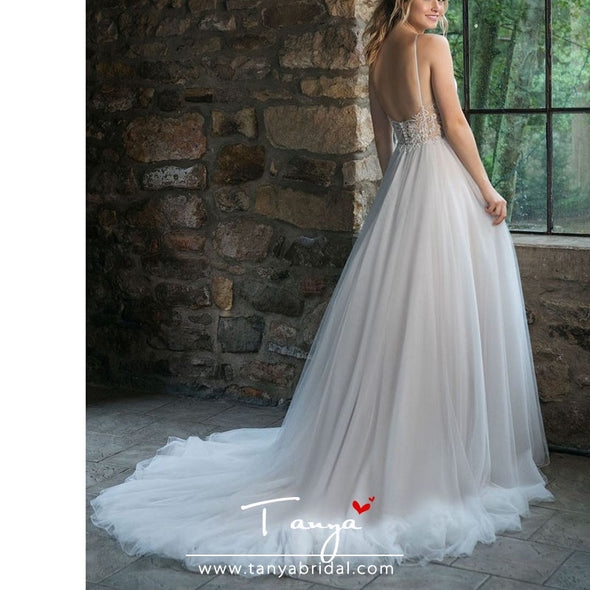 Modest Tulle Wedding Dresses With Button On Back TBW40