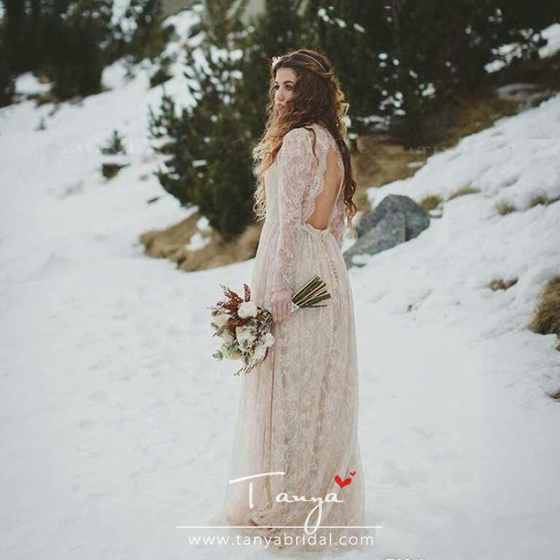 Romantic Champagne Long Sleeve Full Lace Bohemian Wedding Dresses Vint TANYA BRIDAL Romantic Champagne Long Sleeve Full Lace Bohemian Wedding Dresses Vint TANYA BRIDAL
