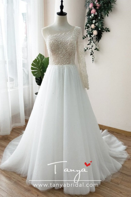 One Shoulder Pearls Wedding Dress Tulle Skirts  ZW023