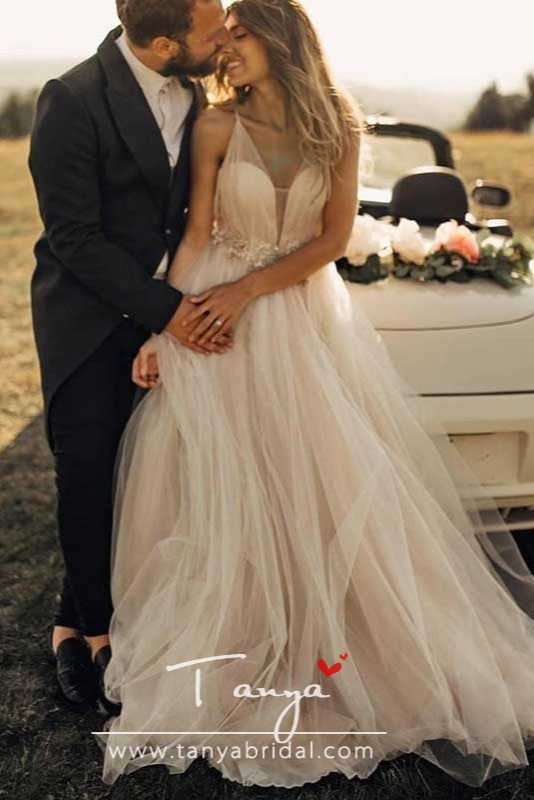 Bohemian Wedding Dresses Tulle Deep V Beads Backless Beach Boho Elegant Country Style Bridal Gowns Nude Dress DQG864