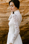 High Neck Long Sleeves Lace A Line Wedding Dress Side Split Bohemian