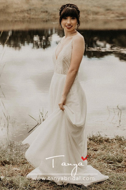 V-Neck Simple Wedding Dresses Beaded Vestido De noivas ZW230