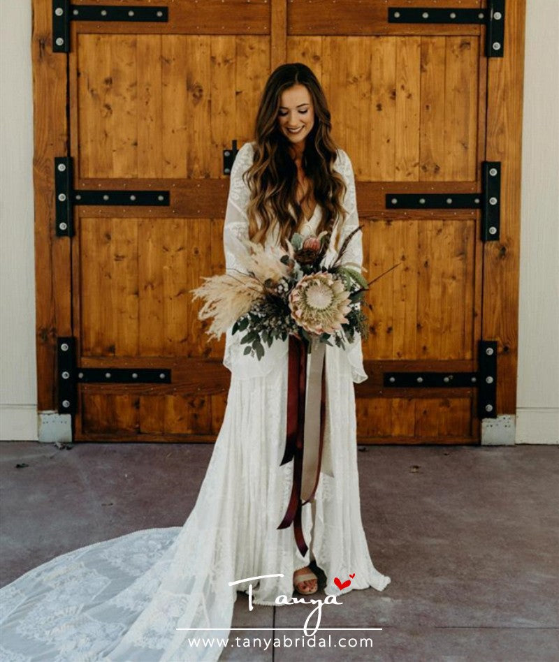 Country Style Boho Lace Wedding Dresses With Long Sleeves TBW39 TANYA BRIDAL Country Style Boho Lace Wedding Dresses With Long Sleeves TBW39 TANYA BRIDAL