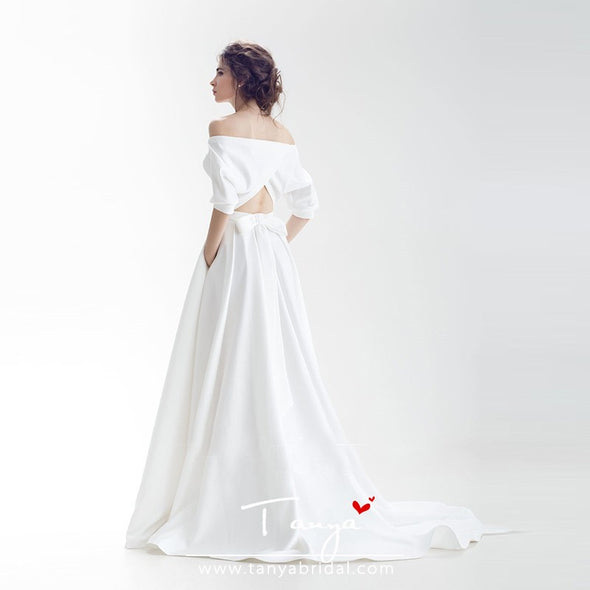 White Ivory Satin Bridal Dresses Simple Vestido De Novia Sweep Train TBW19