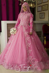 Muslim Pink Wedding Dresses Long Sleeve Applique Lace Bridal Gowns TBW26