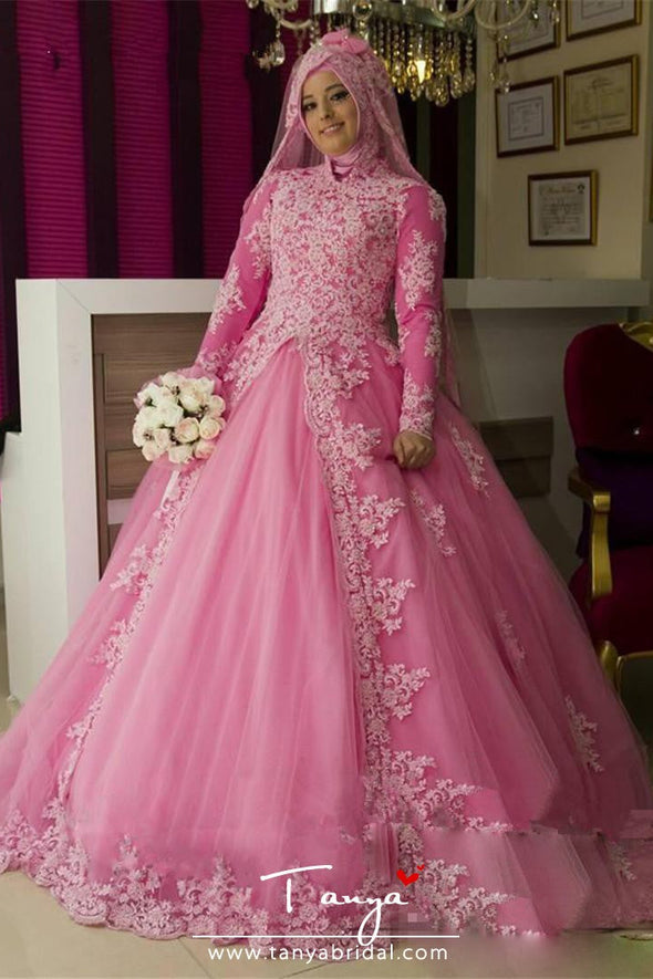 Muslim Pink Long Sleeve Applique Lace Bridal Gowns TBW26