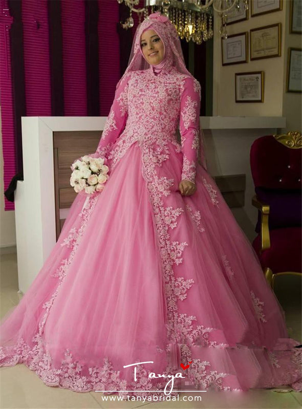 Muslim Pink Wedding Dresses Long Sleeve Applique Lace Bridal Gowns TBW26