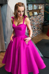 Fuchsia Homecoming Dresses With Pockets Satin A Line Knee Length Graduation Party Gown