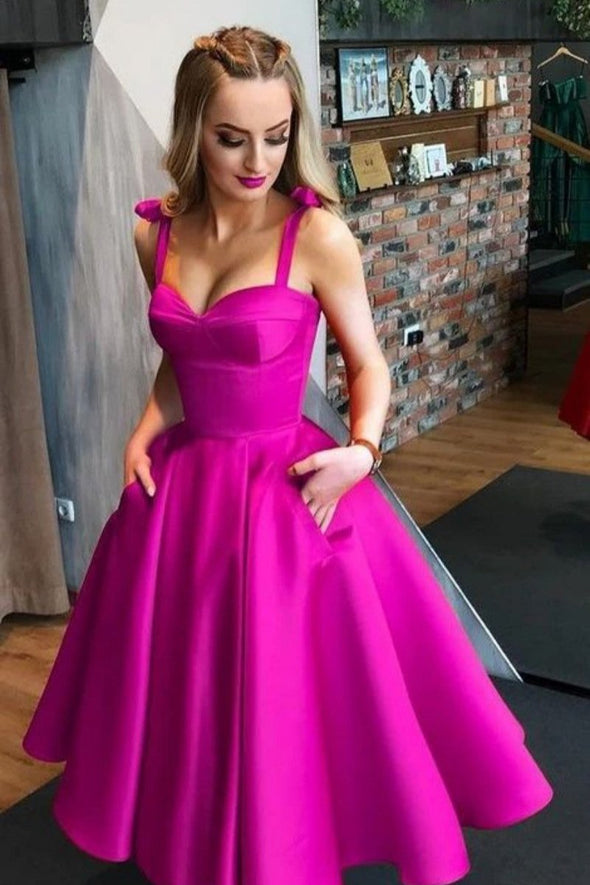 Fuchsia Homecoming Dresses With Pockets Satin A Line Knee Length Graduation Party Gown