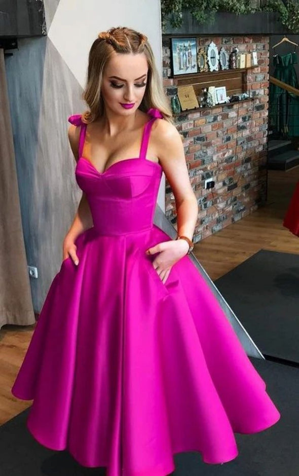 Fuchsia Homecoming Dresses With Pockets Satin A Line Knee Length Graduation Party Gown