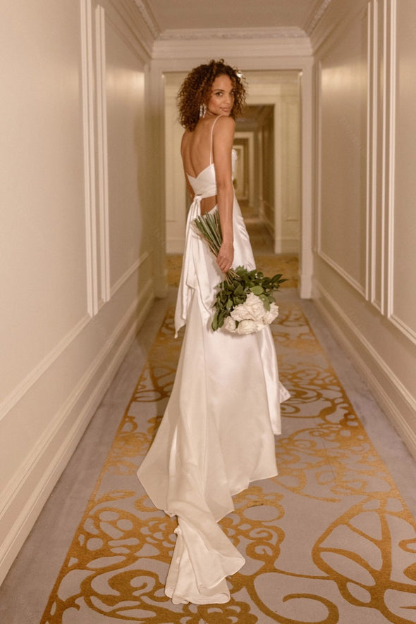 Pure Simplicity Thigh-High Split Flattering Pleated Wedding Dresses With Back Tie Chic Noivas ZW699