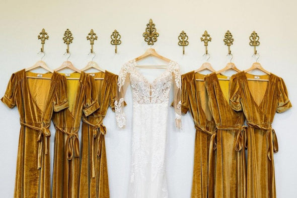 Long Velvet Bridesmaid Dresses V Neck A Line Short Sleeves Wedding Guest Party Dress MBP41