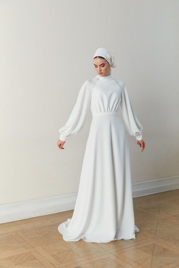 Simple Long Wedding Dress Muslim Floor Length With Buttons
