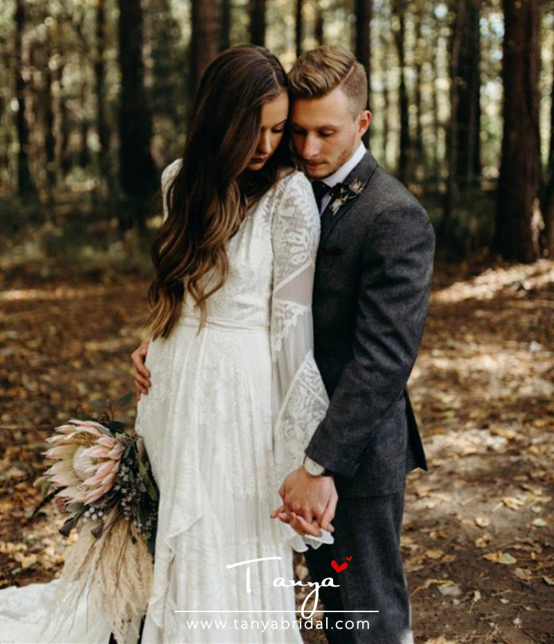 Country Style Boho Lace Wedding Dresses With Long Sleeves TBW39 TANYA BRIDAL Country Style Boho Lace Wedding Dresses With Long Sleeves TBW39 TANYA BRIDAL