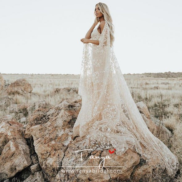 Swooning Dazzling Wedding Dresses Awesome Floral Print Star Bridal Gowns With Cape Bohemian Country Vestido De Noiva ZW124