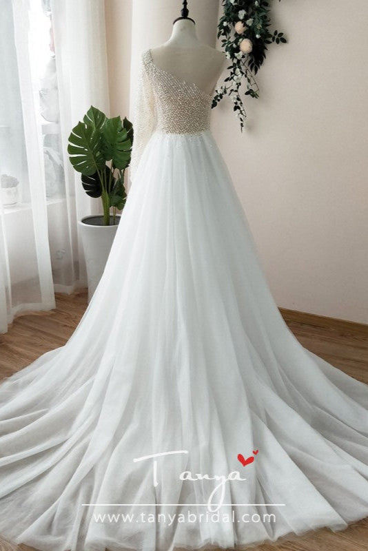 One Shoulder Pearls Wedding Dress Tulle Skirts  ZW023