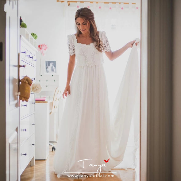 Short Sleeve Chiffon Vestidoe De Noivas Backless Wedding Dresses ZW366 TANYA BRIDAL Short Sleeve Chiffon Vestidoe De Noivas Backless Wedding Dresses ZW366 TANYA BRIDAL