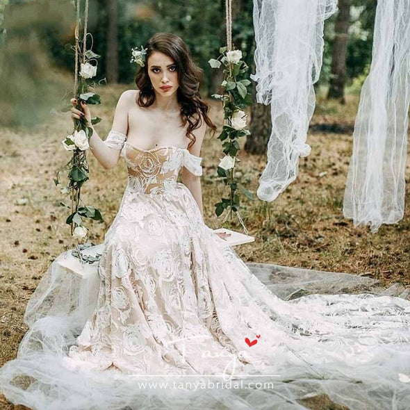 Romantic Dreamy Rose Lace wedding Dress Off Shoulder A Line Bridal Gowns Champagne lining Fashion Vestido de Noivas ZW232