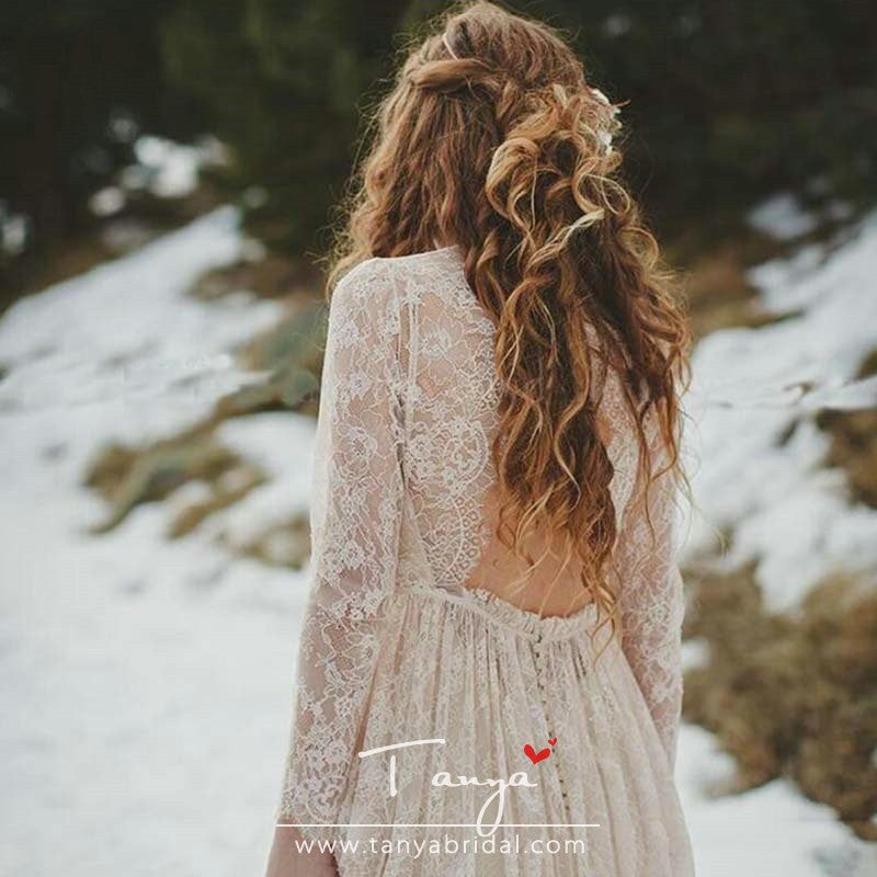 Romantic Champagne Long Sleeve Full Lace Bohemian Wedding Dresses Vint TANYA BRIDAL Romantic Champagne Long Sleeve Full Lace Bohemian Wedding Dresses Vint TANYA BRIDAL