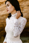 High Neck Long Sleeves Lace A Line Wedding Dress Side Split Bohemian