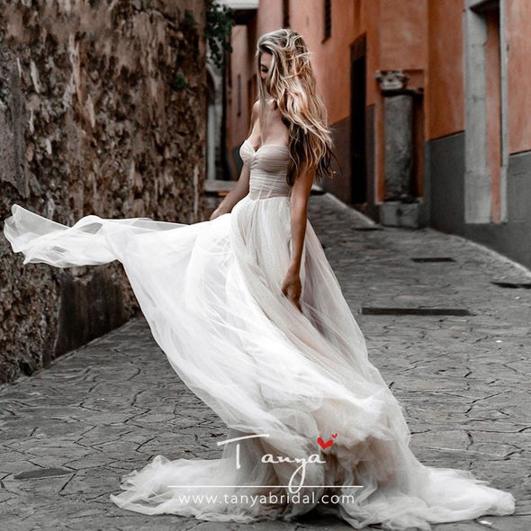 Nude Ivory Tulle Wedding Dresses Multi-layers Elegant Bridal Gowns Sweetheart Sheer Sweep Train Boho Beach Chic Noiva ZW221