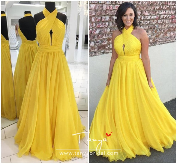 Bridesmaid Dresses Yellow Chiffon for Junior Wedding Party Guest Gown Maid of Honor Halter Backless Custom made