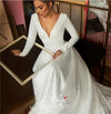V Neck Long Sleeves Ivory A Line Lace Wedding Dresses With 30cm Train