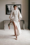Long Lantern Sleeve Sparkly Satin Wedding Dresses Backless Side Split DW650