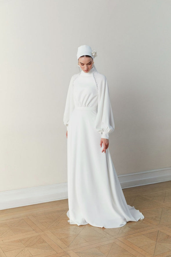 Simple Long Wedding Dress Muslim Floor Length With Buttons