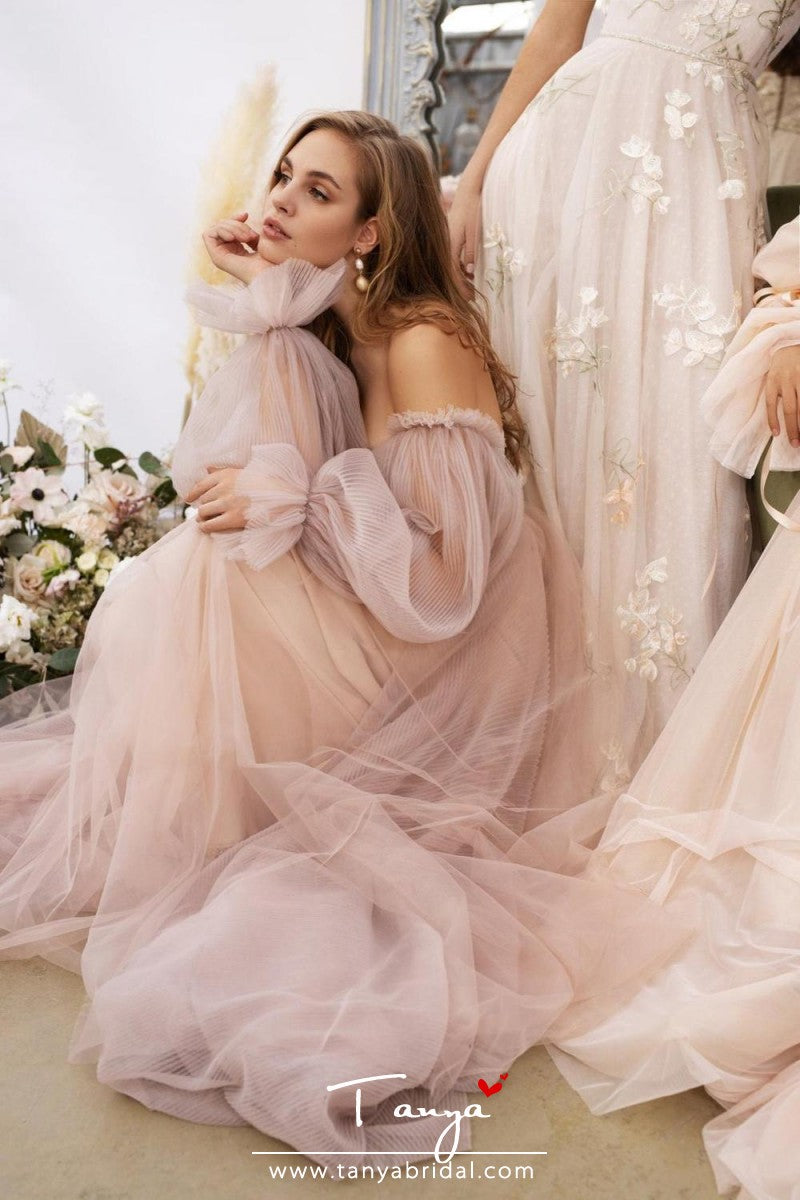 Pink Wedding Dresses Beach Boho Off the Shoulder Bridal Gown TBW17 - Pink Wedding Dresses Beach Boho Off the Shoulder Bridal Gown TBW17 -