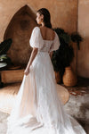 Puff Short Sleeve V-Neck A Line Lace Wedding Dresses Robe De Soriee Chic ZW698