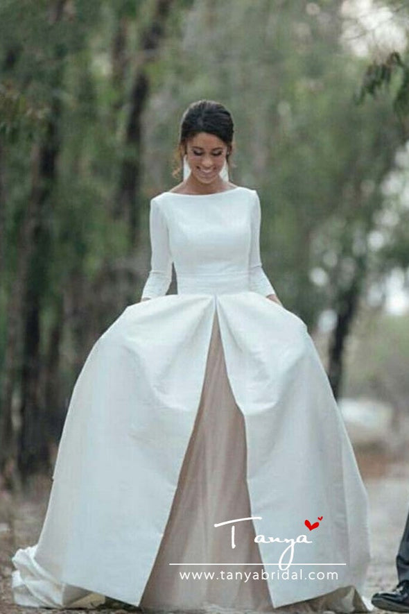 Two Pieces Long Sleeves Satin Wedding Dresses With Kakhi Skirt Bride Dress