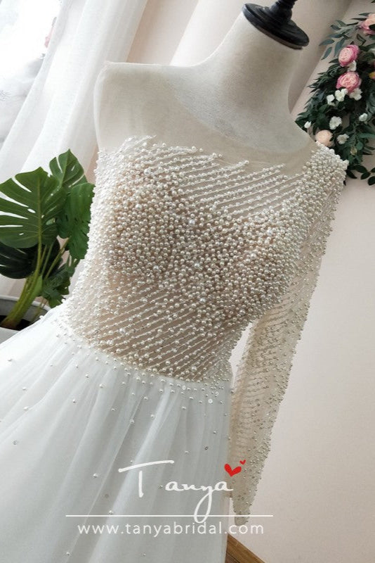One Shoulder Pearls Wedding Dress Tulle Skirts  ZW023