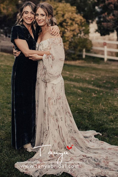 Floral Printed Chiffon Bohemian Wedding Dresses