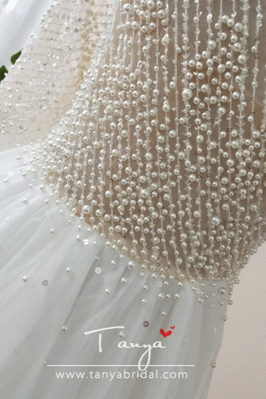 One Shoulder Pearls Wedding Dress Tulle Skirts  ZW023